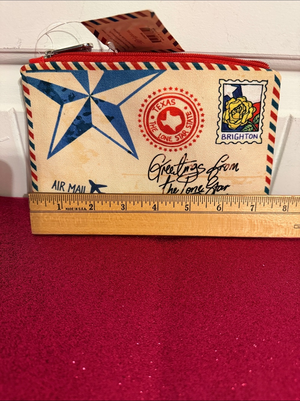 Brighton Beige Zip Pouch with Blue Stars and Red Trim - Picture 8 of 9